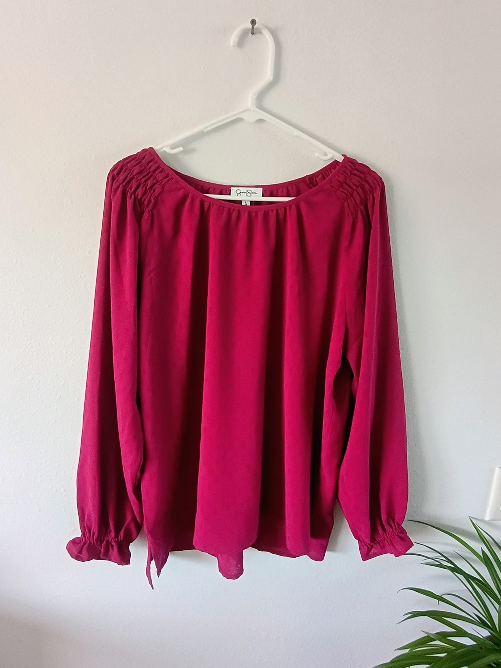 Jessica Simpson Large Fuchsia Pink Textured Peasant Blouse Ruffle Sleeve Top